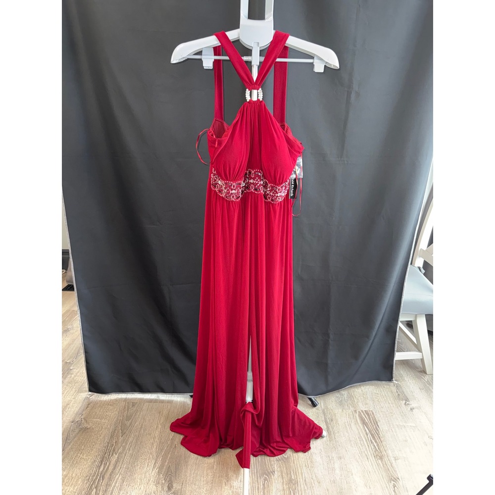 R&M Richards Red Halter Gown Sequin Empire Waist Front Slit Dress 3683 Size 12
